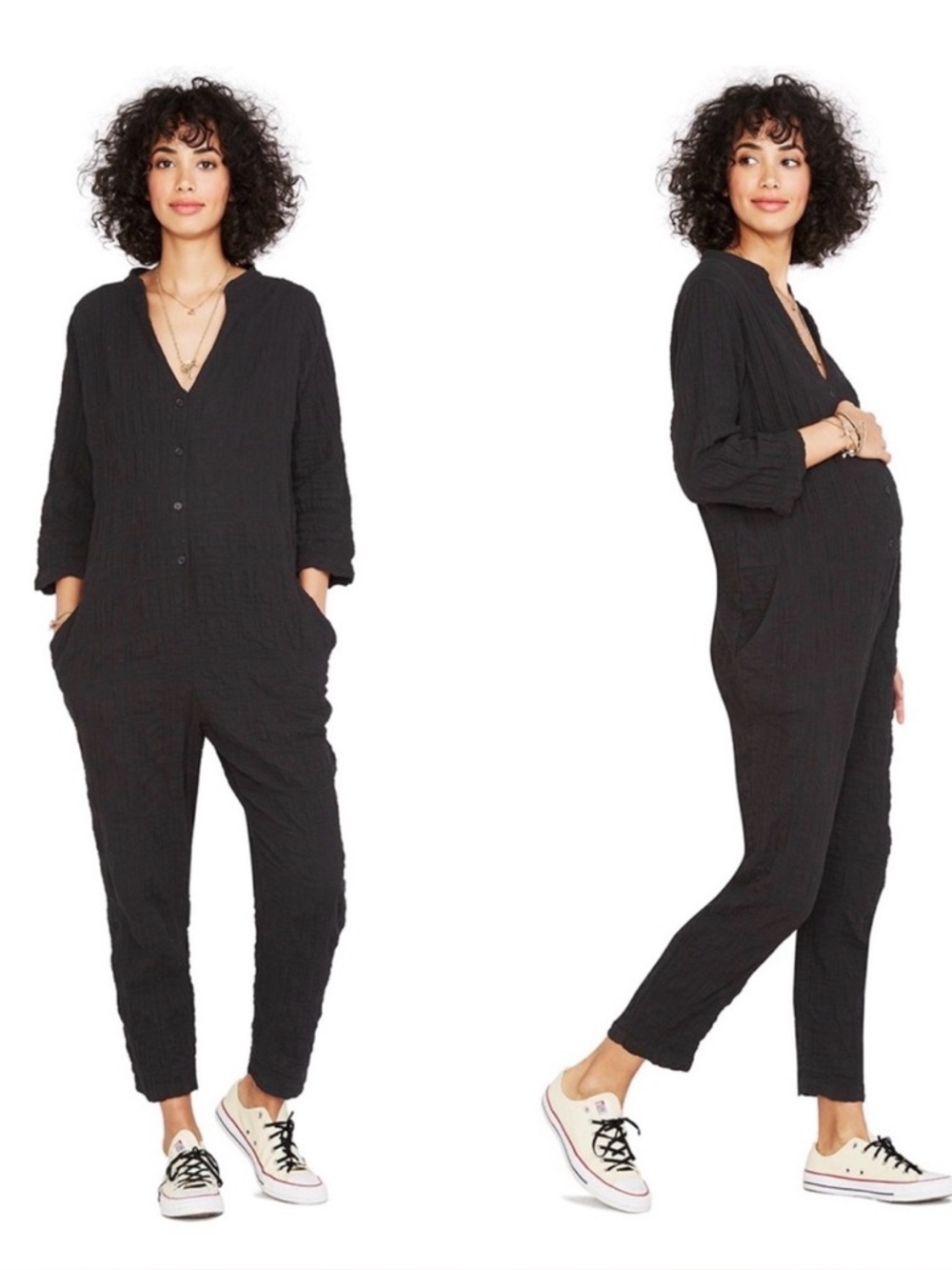 Hatch Taylor Maternity Jumpsuit Black One Size Button Front Black‎ 3/4 Sleeve